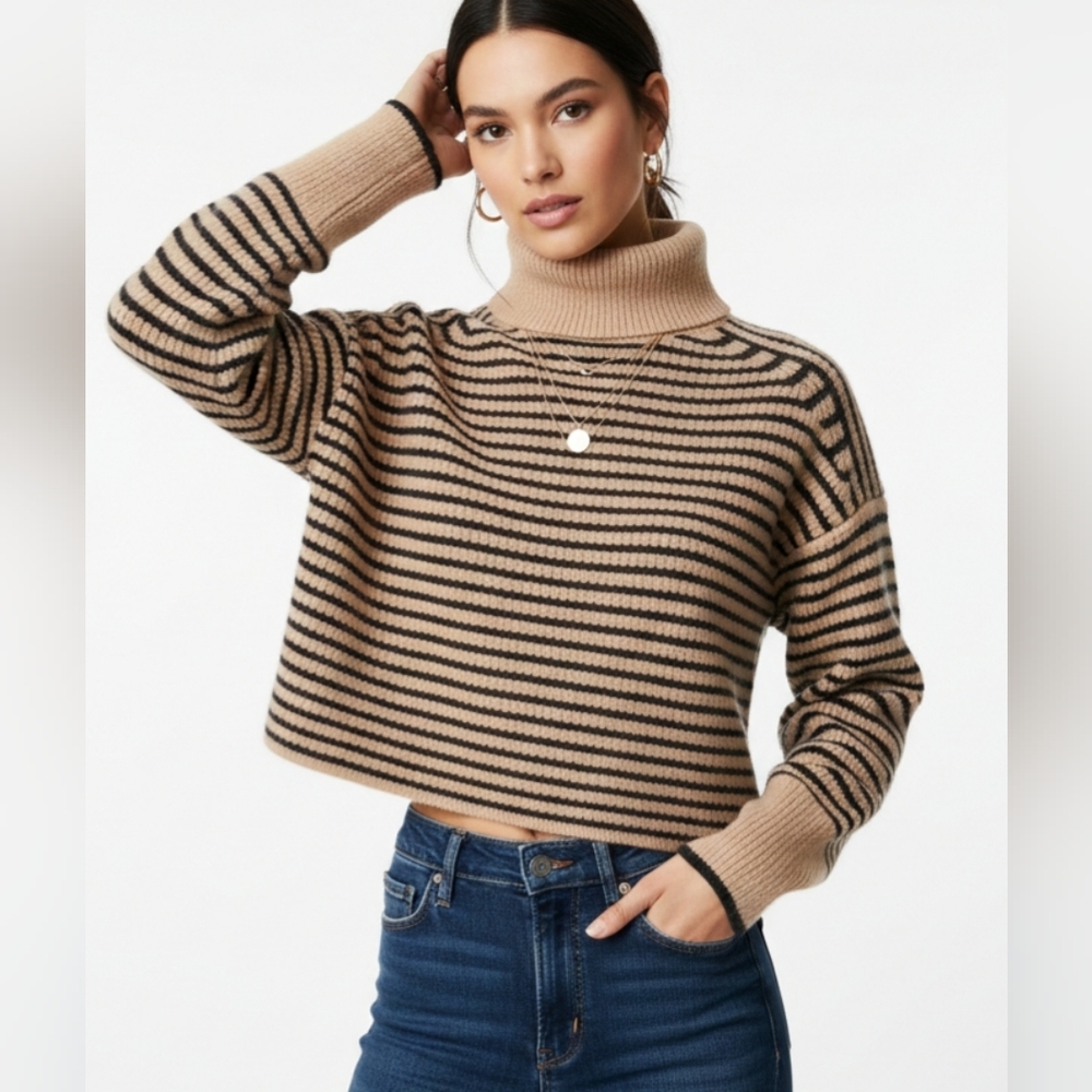 Madewell Stripe 100% Merino Wool Cropped Turtleneck Women's Sweater Size:L